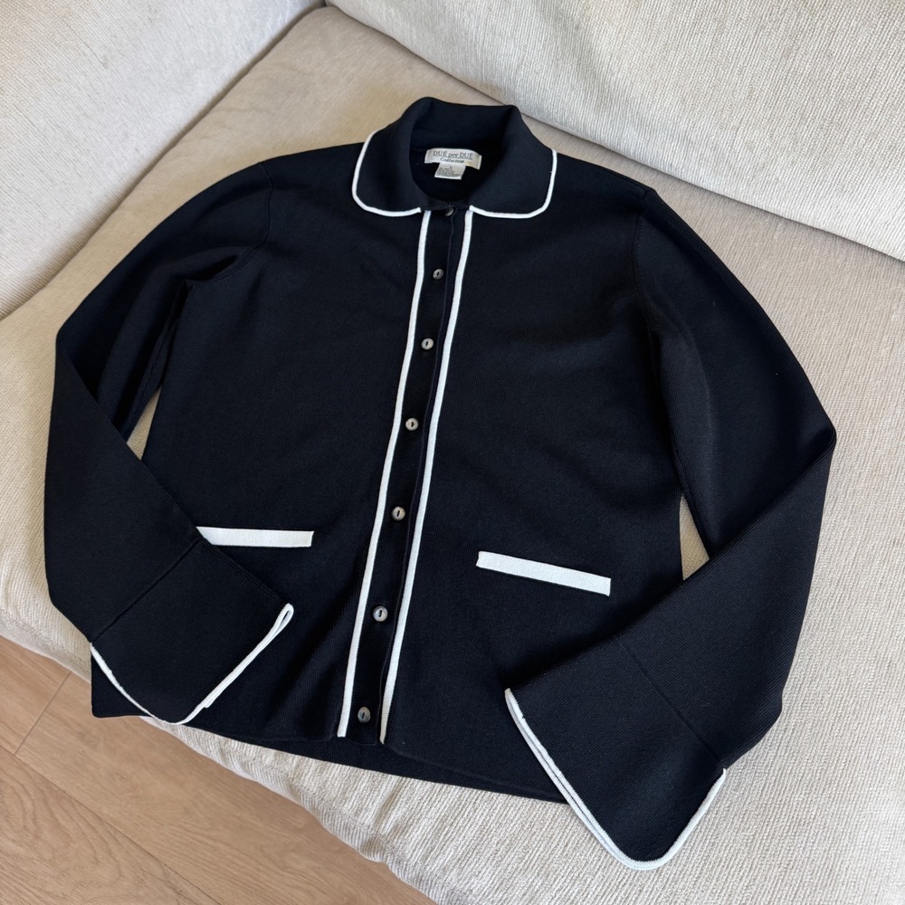 Black White Knit Cardigan Bell Sleeve Preppy Sweater L Preppy Minimal